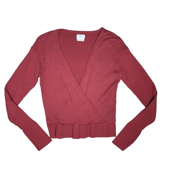 RVCA Women's Ribbed Knit faux Wrap Sweater Red XS - Picture 2 of 4